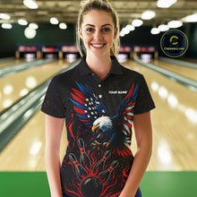 Load image into Gallery viewer, Black and Red Flame American Flag Eagle Bowling Shirts For Women Custom Patriotic Bowling Team Jersey NQS10878