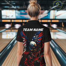 Load image into Gallery viewer, Black and Red Flame American Flag Eagle Bowling Shirts For Women Custom Patriotic Bowling Team Jersey NQS10878