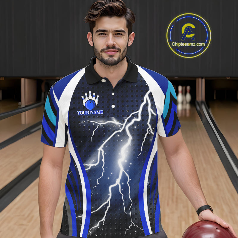 Blue Lightning Thunder Bowling Shirts For Men Custom Bowling Jerseys Men, Best Bowling Shirts NQS10879
