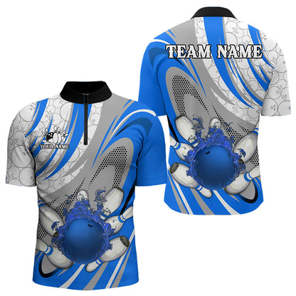 White and Blue Flame Camo Bowling Polo, Quarter Zip Shirt for Men Custom Bowling Team Jersey NQS9167