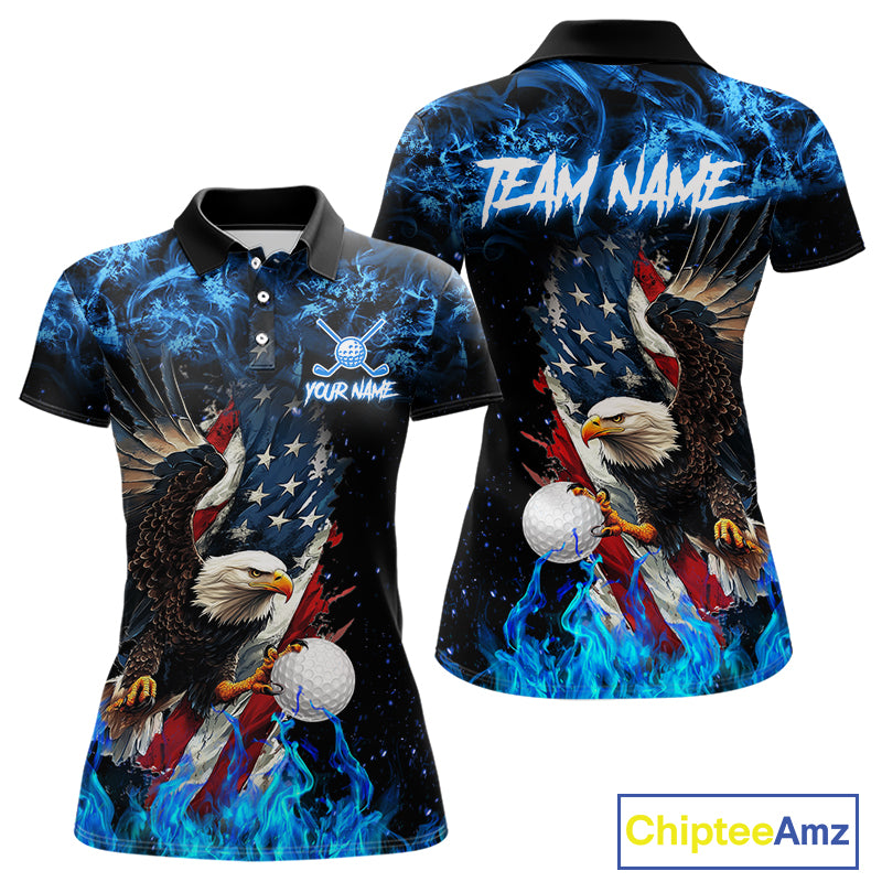 Blue Flame American Flag Eagle golf polo shirts for Women Custom patriotic ladies golf outfit NQS11644