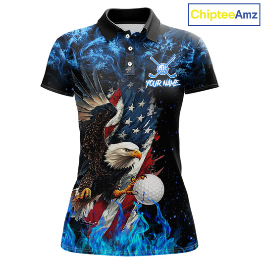 Blue Flame American Flag Eagle golf polo shirts for Women Custom patriotic ladies golf outfit NQS11644