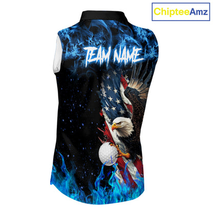 Blue Flame American Flag Eagle sleeveless golf shirts for Women Custom patriotic ladies golf outfit NQS11644
