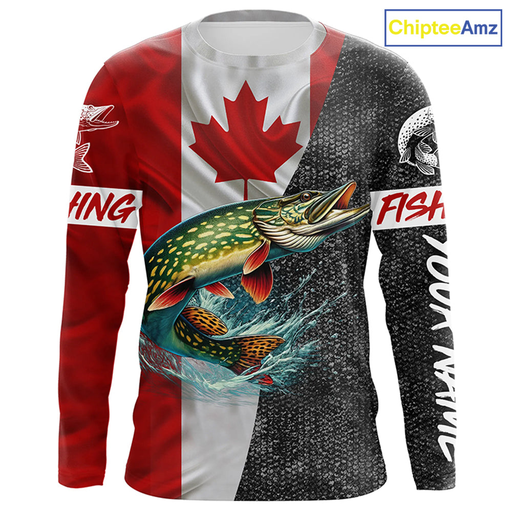 Canadian Flag Northern pike Fishing Custom long sleeve performance Fishing Shirt, pike Fishing jerseys NQS4927
