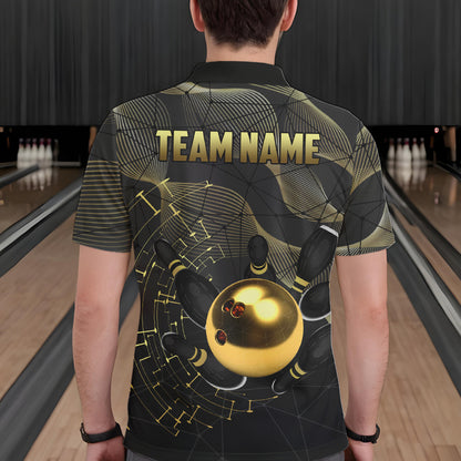 Personalized Black and Gold Bowling Polo, Quarter Zip Shirts For Men Custom Bowling Team League Jersey NQS9688