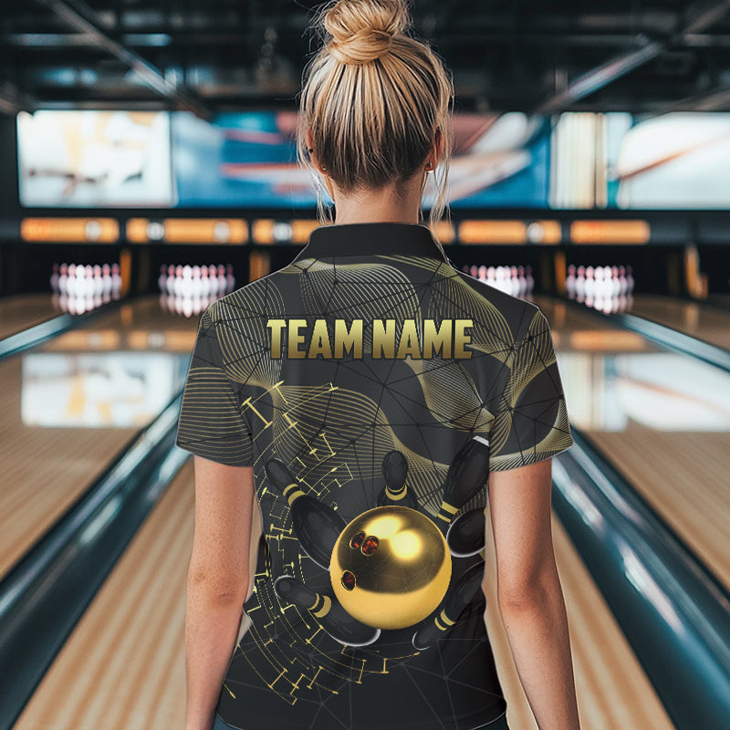 Black and Gold Bowling Polo, Quarter Zip Shirts For Women Custom Bowling Team League Jersey NQS9688
