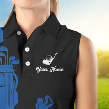 Load image into Gallery viewer, Black and Blue Women Sleeveless polo shirt customized name golf clothing, personalized golf gifts NQS9691