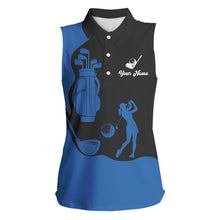 Load image into Gallery viewer, Black and Blue Women Sleeveless polo shirt customized name golf clothing, personalized golf gifts NQS9691