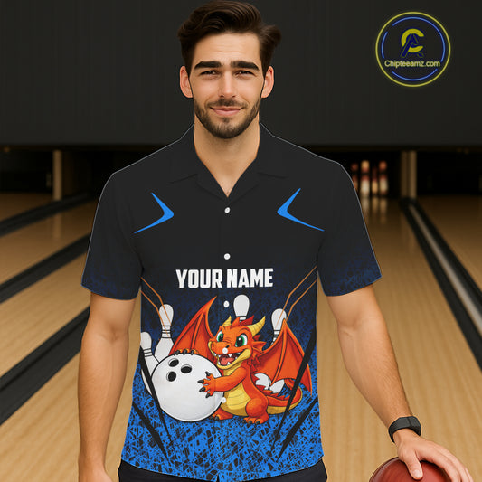Black and Blue Camo Funny Dragon Bowling Button-up Shirt Custom Hawaiian Bowling Team Jerseys NQS11741