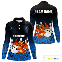 Load image into Gallery viewer, Black and Blue Camo Funny Dragon Bowling Polo, 1/4 Zip Shirts For Women Custom Bowling Team Jerseys NQS11741