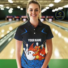 Load image into Gallery viewer, Black and Blue Camo Funny Dragon Bowling Polo, 1/4 Zip Shirts For Women Custom Bowling Team Jerseys NQS11741