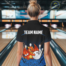 Load image into Gallery viewer, Black and Blue Camo Funny Dragon Bowling Polo, 1/4 Zip Shirts For Women Custom Bowling Team Jerseys NQS11741