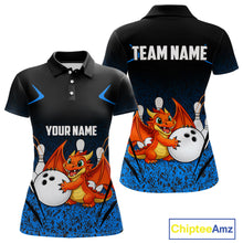 Load image into Gallery viewer, Black and Blue Camo Funny Dragon Bowling Polo, 1/4 Zip Shirts For Women Custom Bowling Team Jerseys NQS11741