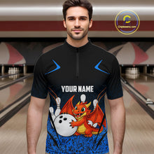Load image into Gallery viewer, Black and Blue Camo Funny Dragon Bowling Polo, 1/4 Zip Shirts For Men Custom Bowling Team Jerseys NQS11741