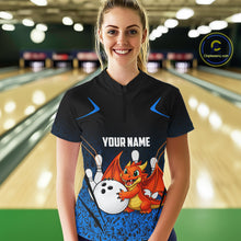 Load image into Gallery viewer, Black and Blue Camo Funny Dragon Bowling Polo, 1/4 Zip Shirts For Women Custom Bowling Team Jerseys NQS11741