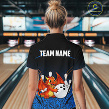 Load image into Gallery viewer, Black and Blue Camo Funny Dragon Bowling Polo, 1/4 Zip Shirts For Women Custom Bowling Team Jerseys NQS11741