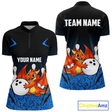 Load image into Gallery viewer, Black and Blue Camo Funny Dragon Bowling Polo, 1/4 Zip Shirts For Women Custom Bowling Team Jerseys NQS11741