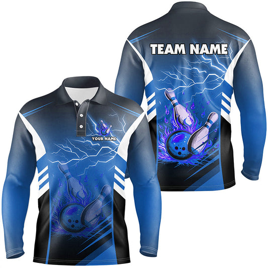 Flame bowling ball and pins lightning custom Men Bowling Polo Shirts, team bowling jerseys | Blue NQS7477