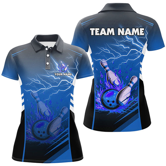Flame bowling ball and pins lightning custom Women Bowling Polo Shirts, team bowling jerseys | Blue NQS7477