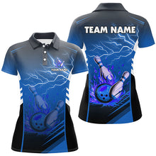 Load image into Gallery viewer, Flame bowling ball and pins lightning custom Women Bowling Polo Shirts, team bowling jerseys | Blue NQS7477