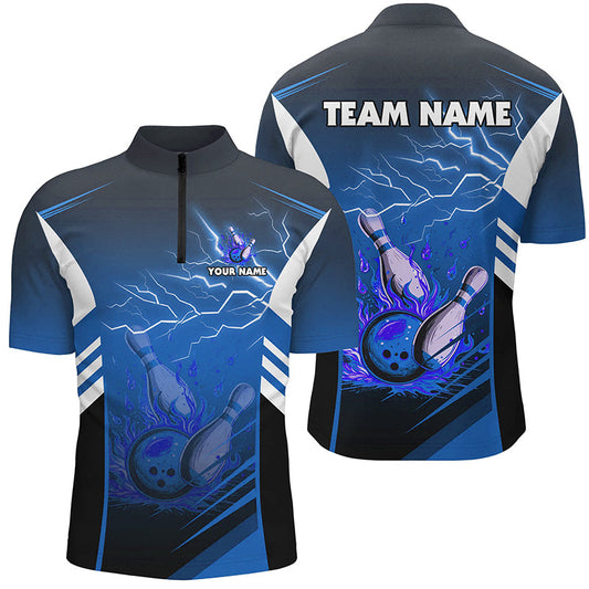 Flame bowling ball and pins lightning custom Men Bowling Quarter Zip Shirt, team bowling jersey | Blue NQS7477