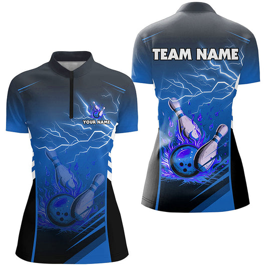 Flame bowling ball pins lightning custom Women Bowling Quarter Zip Shirt, team bowling jersey | Blue NQS7477