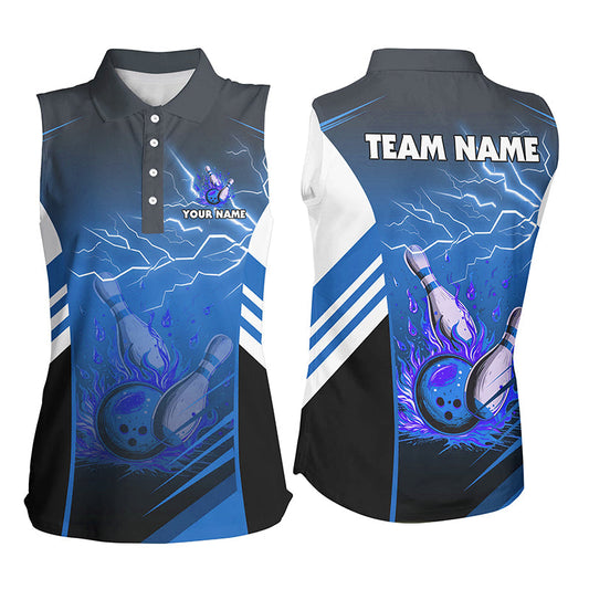 Flame bowling ball and pins lightning custom Women Bowling sleeveless Polo, team bowling jersey | Blue NQS7477
