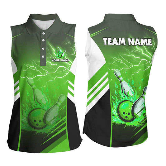Flame bowling ball and pins lightning custom Women Bowling sleeveless Polo, team bowling jersey| Green NQS7478