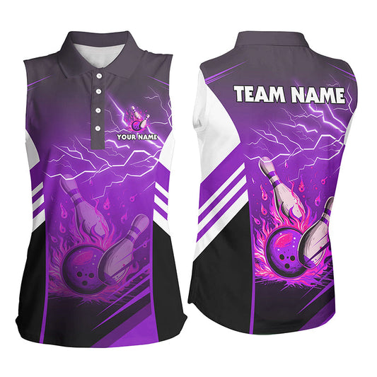 Flame bowling ball & pins lightning custom Women Bowling sleeveless Polo, team bowling jersey | Purple NQS7479