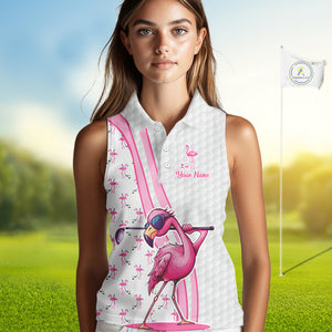 Funny Women sleeveless polo shirts custom pink and white flamingo pattern white golf shirts NQS8610