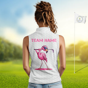 Funny Women sleeveless polo shirts custom pink and white flamingo pattern white golf shirts NQS8610