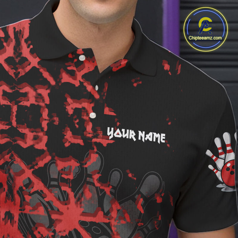 Black and Red Camo Funny Skull Bowling Polo, Quarter Zip Shirt for Men Custom Bowling Team Jersey NQS9969