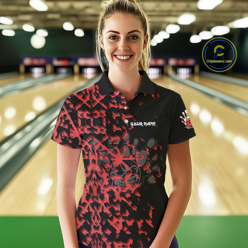 Black and Red Camo Funny Skull Bowling Polo, Quarter Zip Shirt for Women Custom Bowling Team Jersey NQS9969