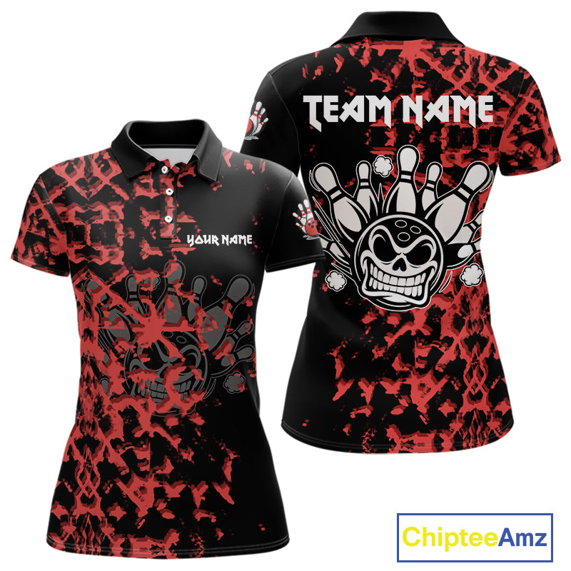 Black and Red Camo Funny Skull Bowling Polo, Quarter Zip Shirt for Women Custom Bowling Team Jersey NQS9969