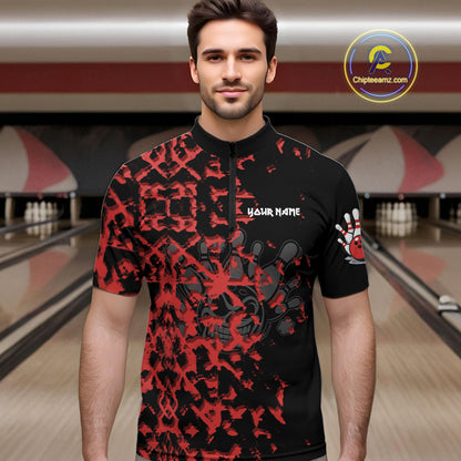 Black and Red Camo Funny Skull Bowling Polo, Quarter Zip Shirt for Men Custom Bowling Team Jersey NQS9969