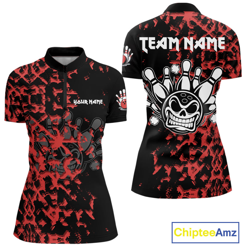 Black and Red Camo Funny Skull Bowling Polo, Quarter Zip Shirt for Women Custom Bowling Team Jersey NQS9969