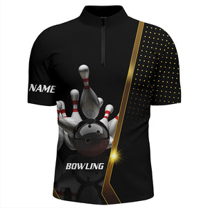 Personalized Men Bowling Quarter-Zip Shirt Black and Gold Men Bowlers Custom Team bowling Jersey NQS5947