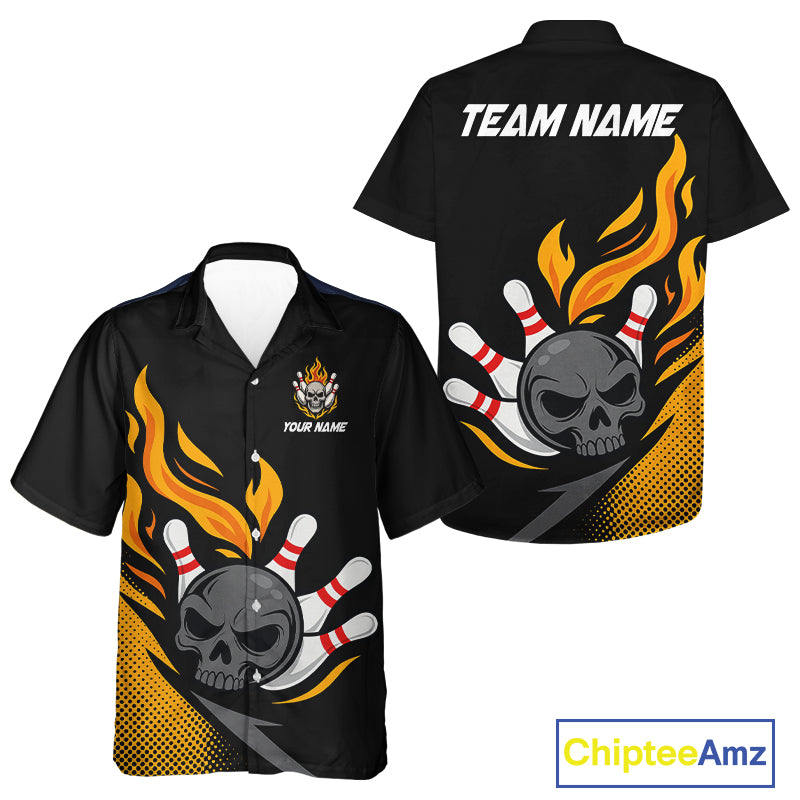 Custom Black and Yellow Flame Skull Bowling hawaiian shirt, bowling team league jerseys with Name NQS10263