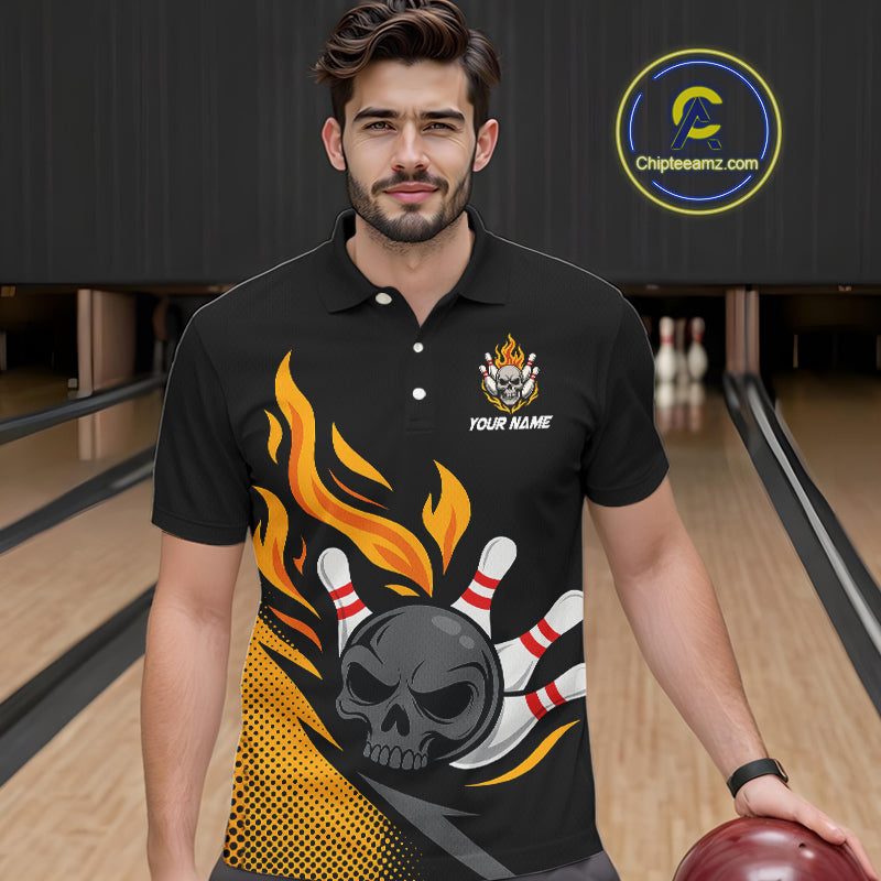 Custom Black and Yellow Flame Skull Bowling shirts for Men, bowling team league jerseys with Name NQS10263