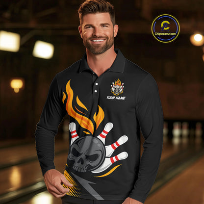 Custom Black and Yellow Flame Skull Bowling shirts for Men, bowling team league jerseys with Name NQS10263