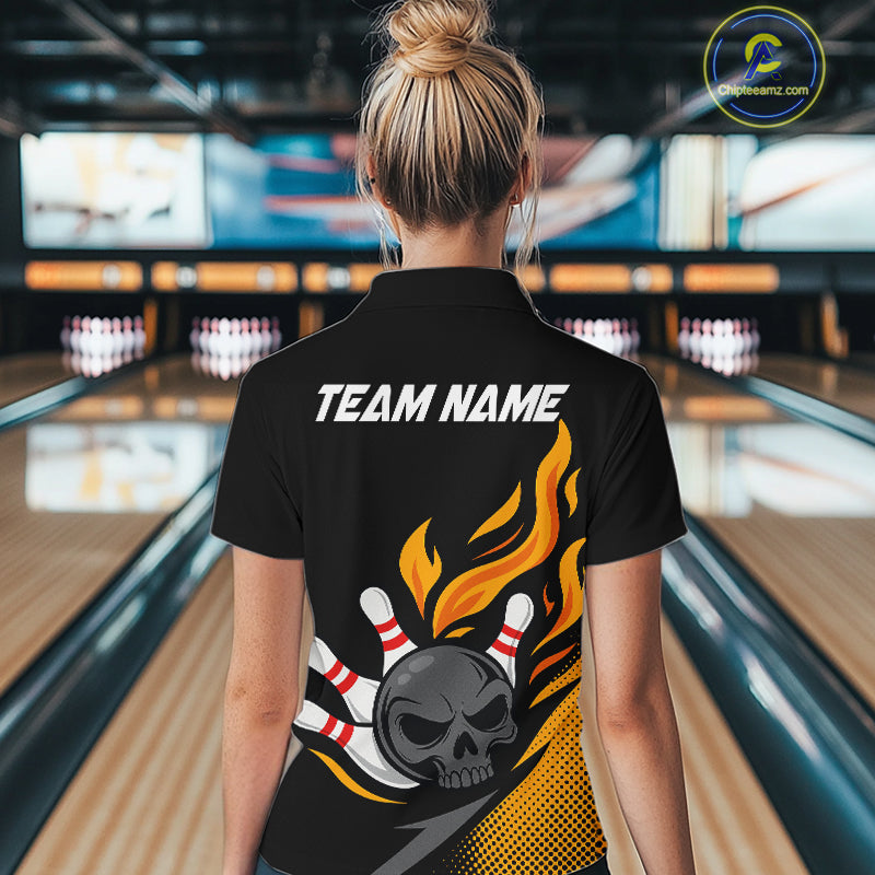 Custom Black and Yellow Flame Skull Bowling shirts for Women, bowling team league jerseys with Name NQS10263