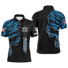 Load image into Gallery viewer, Blue camo skull black US flag custom name, number Men disc golf polo shirts, disco golf outfit for men NQS6141