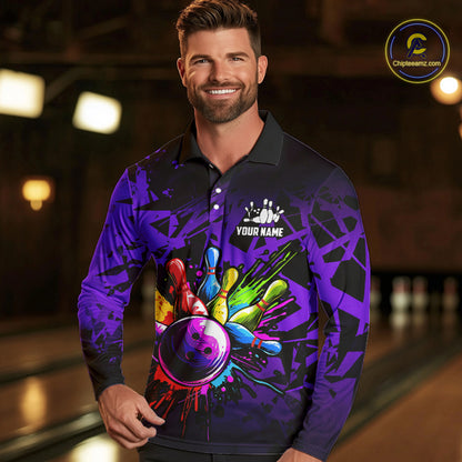 Colorful bowling jerseys Polo, 1/4 Zip Shirt for Men Custom Bowling Team shirts for bowler | Purple NQS8258
