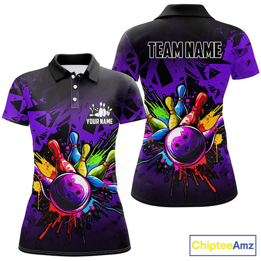 Colorful bowling jersey Polo, 1/4 Zip Shirt for Women Custom Bowling Team shirts for bowler| Purple NQS8258