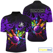 Load image into Gallery viewer, Colorful bowling jerseys Polo, 1/4 Zip Shirt for Men Custom Bowling Team shirts for bowler | Purple NQS8258