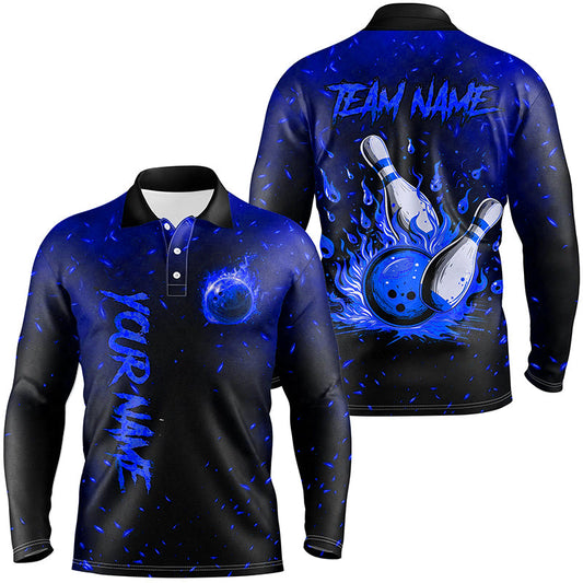 Blue Flame Bowling Jerseys For Men Custom Bowling Polo, Quarter-Zip Shirt for Team, Gift for Bowler NQS8467