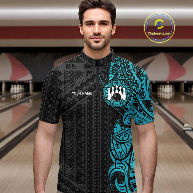 Black and Cyan Blue Tribal pattern Men Bowling Shirt Custom Bowling outfit men Team bowling jersey NQS10649