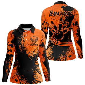 Black and Orange Womens Bowling Polo, Quarter Zip Shirts Custom Halloween Bowling Team League Jerseys NQS8722