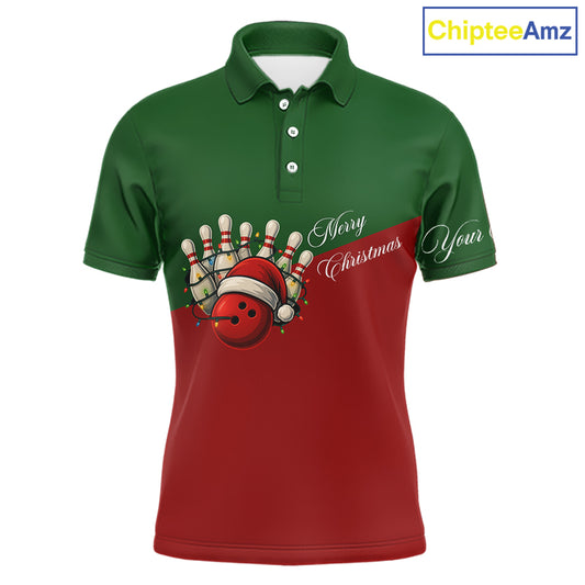 Red and Green Christmas Bowling Polo, Quarter Zip Shirts For Men custom mens bowling jerseys NQS11052