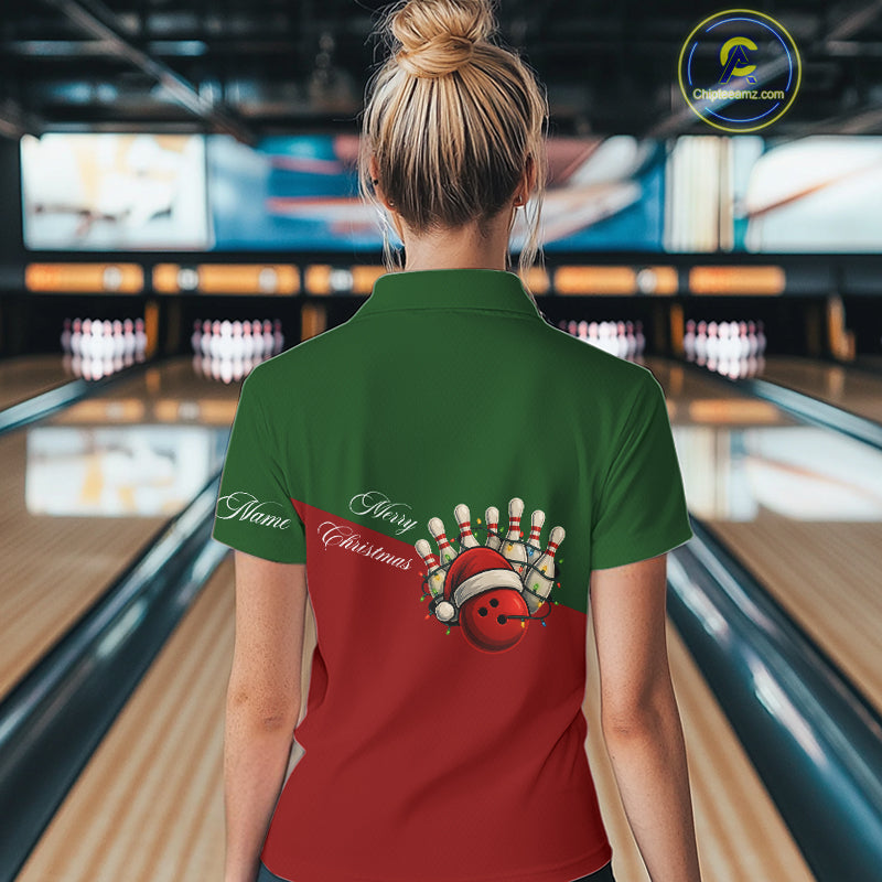 Red and Green Christmas Bowling Polo, Quarter Zip Shirts For Women custom Ladies bowling jerseys NQS11052